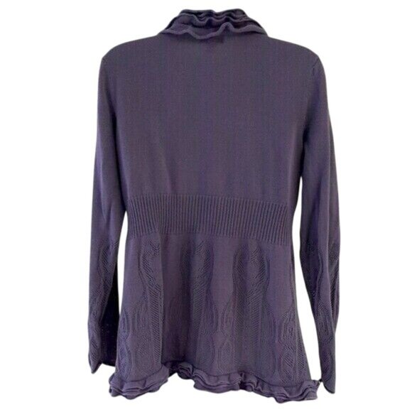 ELLE Womens Cardigan Sweater Purple Size Small Cutout Ribbed Ruffle Long Sleeve - Picture 5 of 7